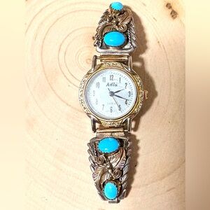 Adia Sterling Silver Accents & Goldtones Watch with Turquoise Details
